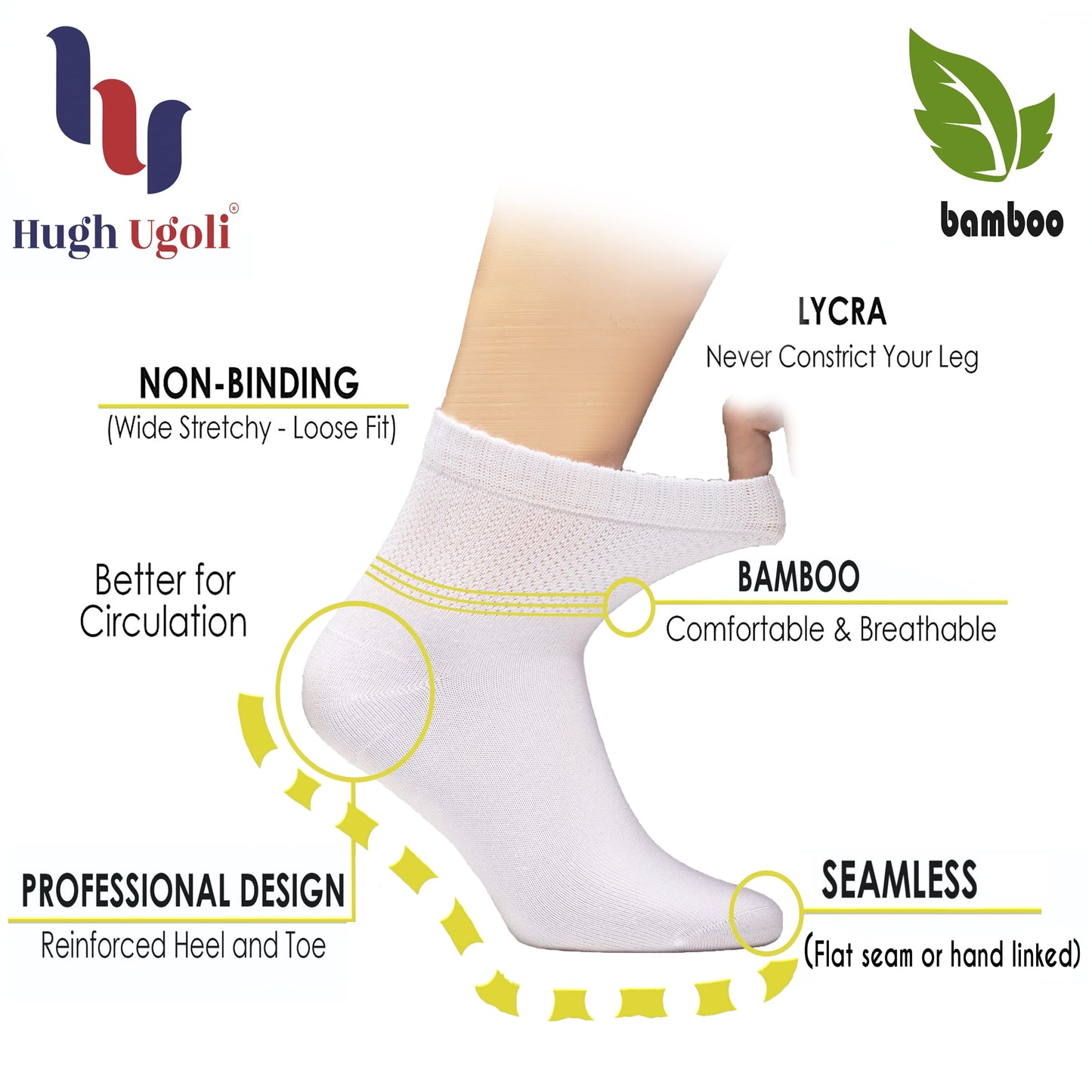 HUGH UGOLI Women's Bamboo Ankle Socks, Soft, Seamless Toe, 3 Pairs,