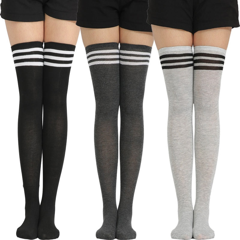 Black, White Striped Long Sexy Over Knee Thigh High Tube Socks