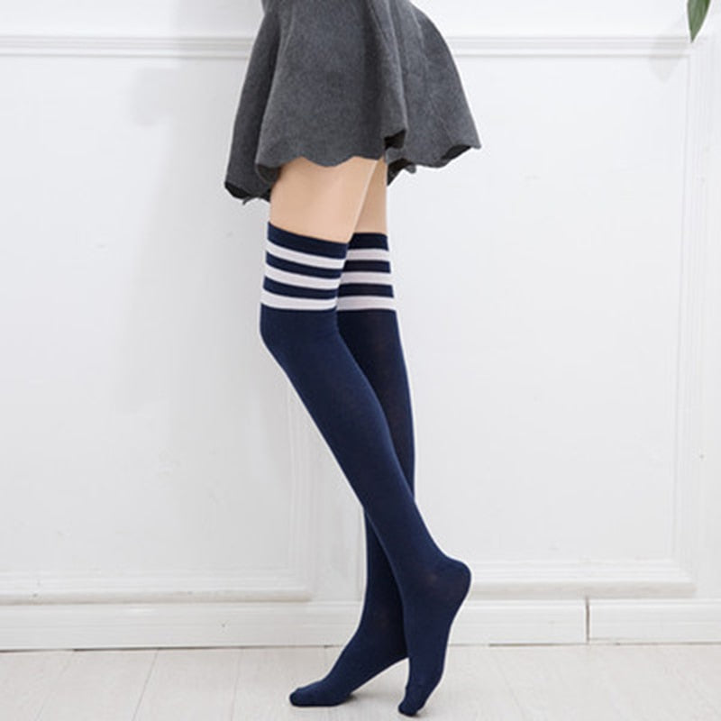 Black, White Striped Long Sexy Over Knee Thigh High Tube Socks