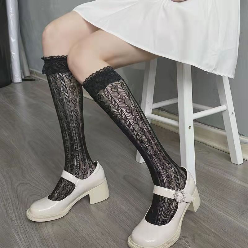 Women Sexy Floral Print Mesh Stockings Knee High Soft Nylon Elastic Fishnet