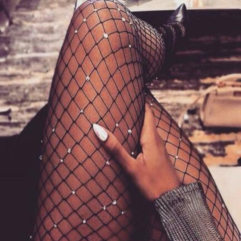 Women's Sexy Long Stockings Tights Rhinestone Mesh Fishnet Pantyhose Plus Size