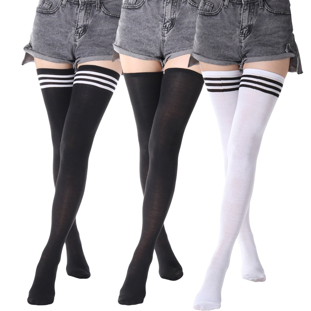 Black, White Striped Long Sexy Over Knee Thigh High Tube Socks