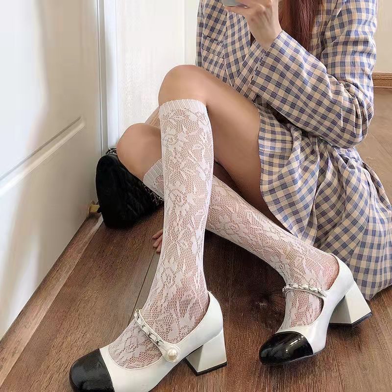 Women Sexy Floral Print Mesh Stockings Knee High Soft Nylon Elastic Fishnet